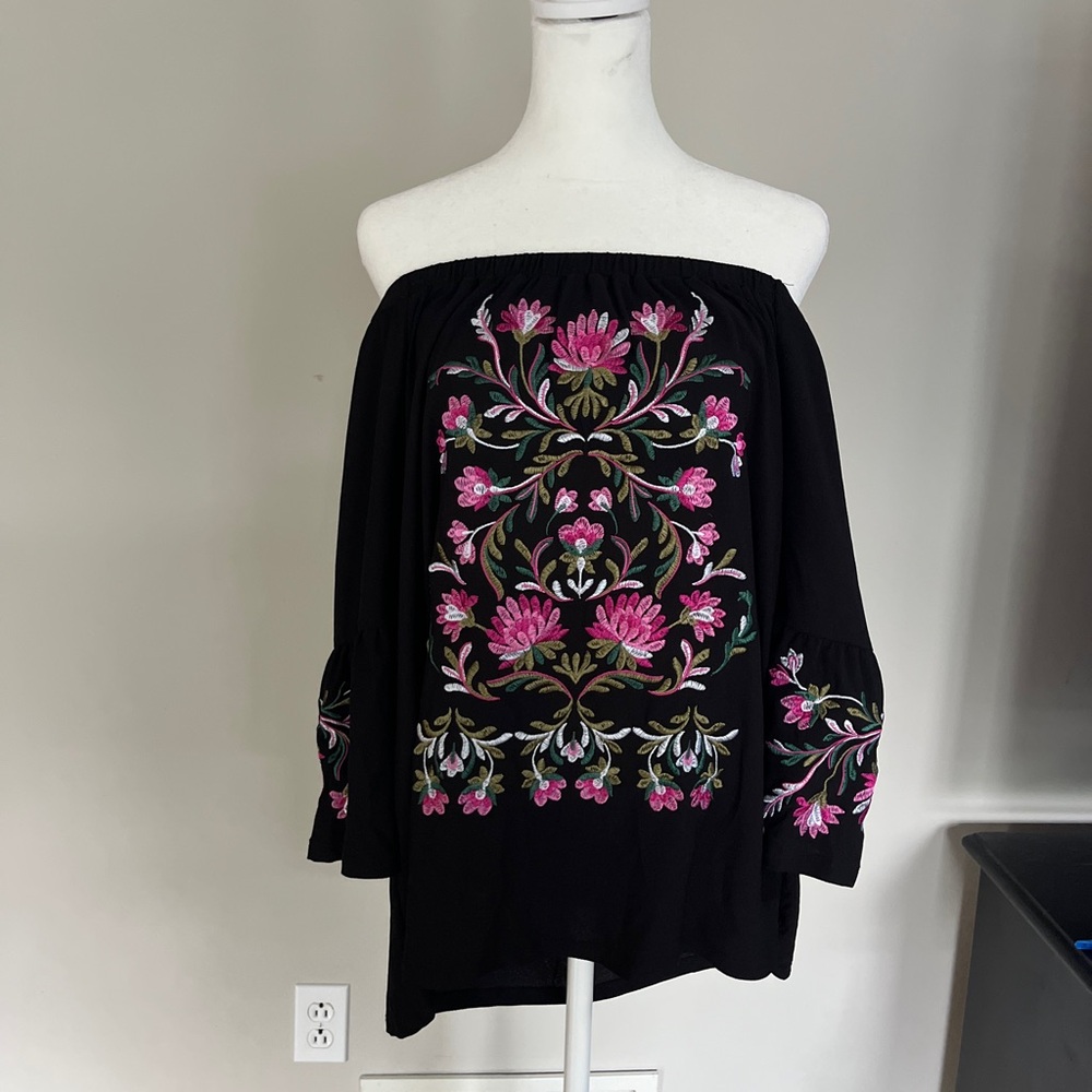 INC International Concepts Black Floral Embroidered Off the Shoulder Blouse